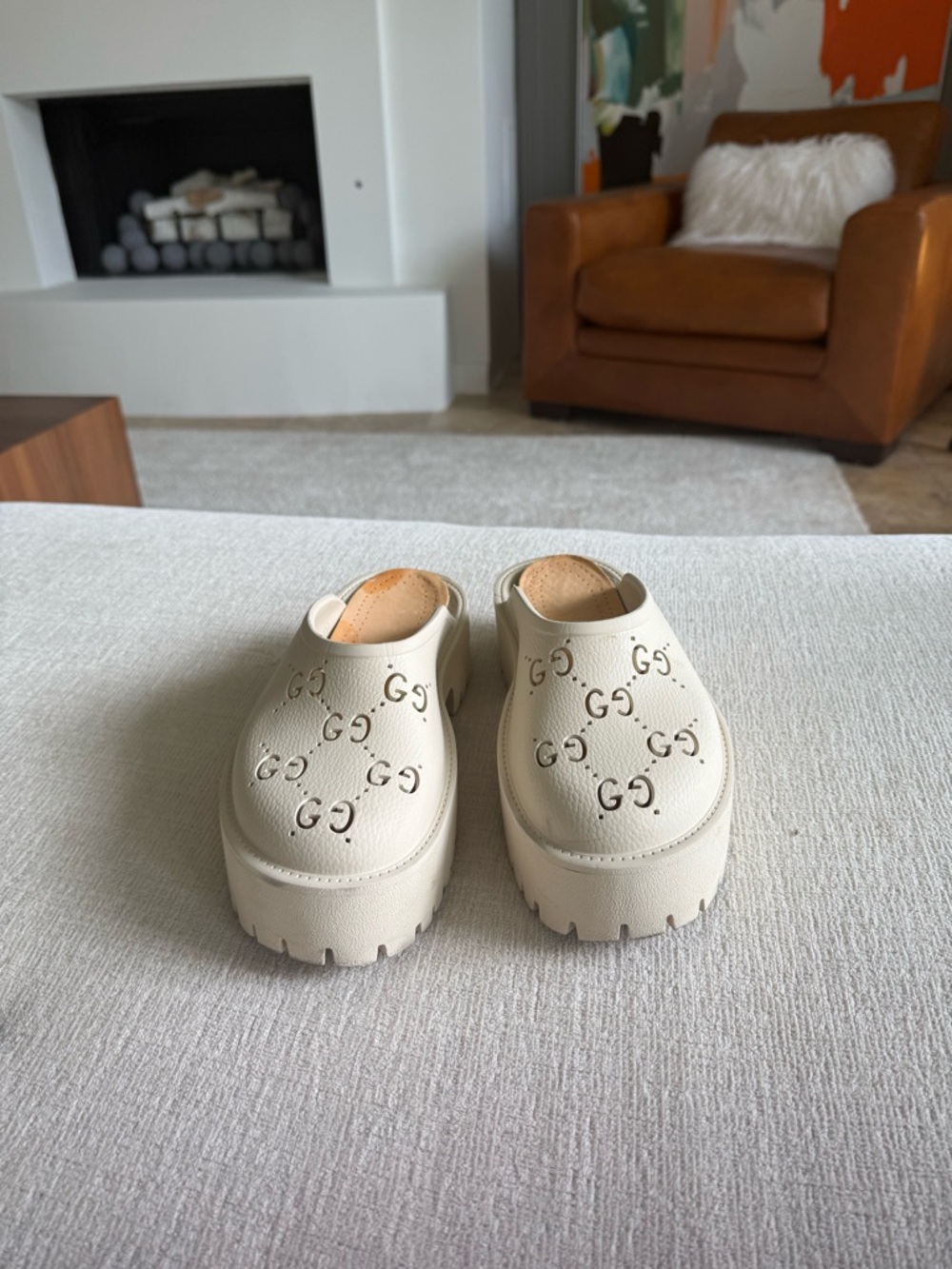 Gucci Ivory Perforated GG Leather Clog Mules